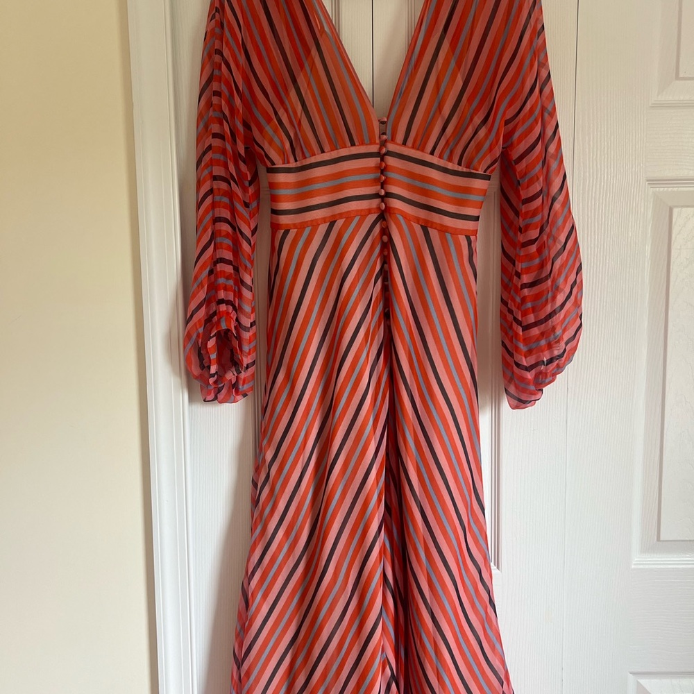 LELA ROAE Striped V-Neck Dress - Red/Pink